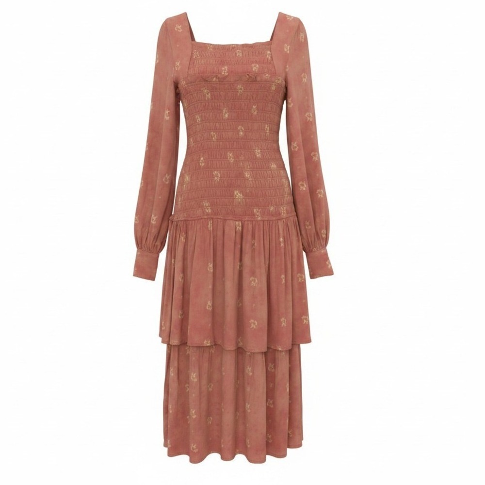 Floral Boho Midi Dress Womens Size Small Mauve Rose Smocked Tiered